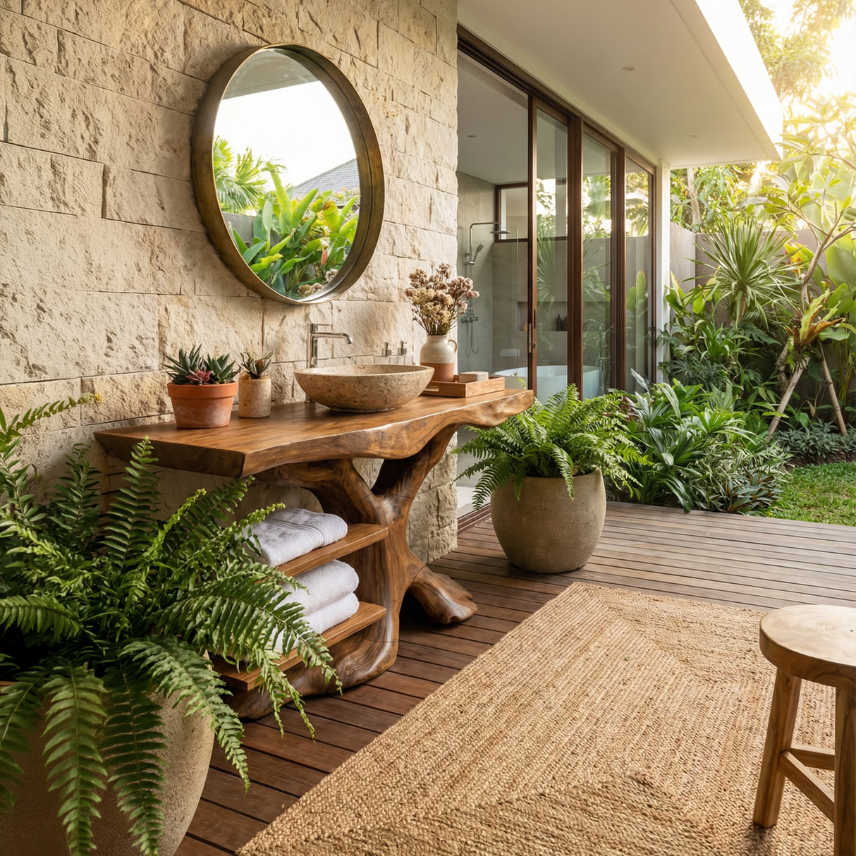 Handcrafted Solid Wood Bathroom Vanity With Shelf For Natural Bathroom