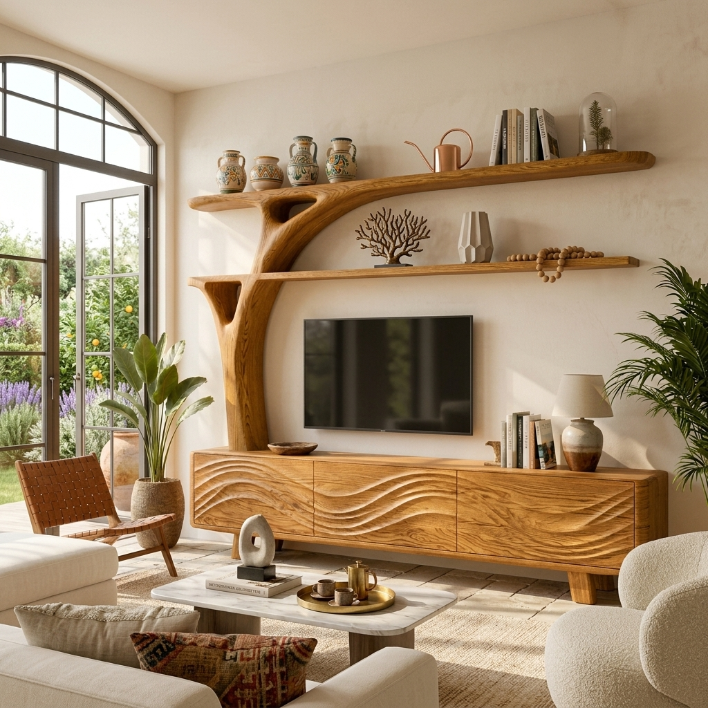 Luxury Wood TV Cabinet With Sculptural Open Shelving For Interior