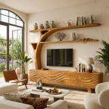 Luxury Wood TV Cabinet With Sculptural Open Shelving For Interior