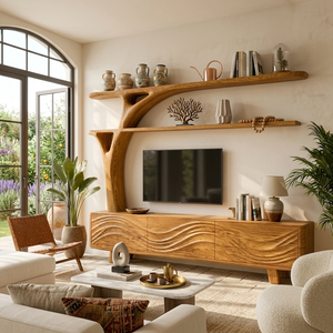 Luxury Wood TV Cabinet With Sculptural Open Shelving For Interior