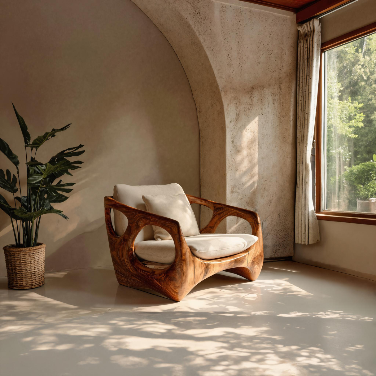 Organic Accent Chair With Carved Frame For Living Room