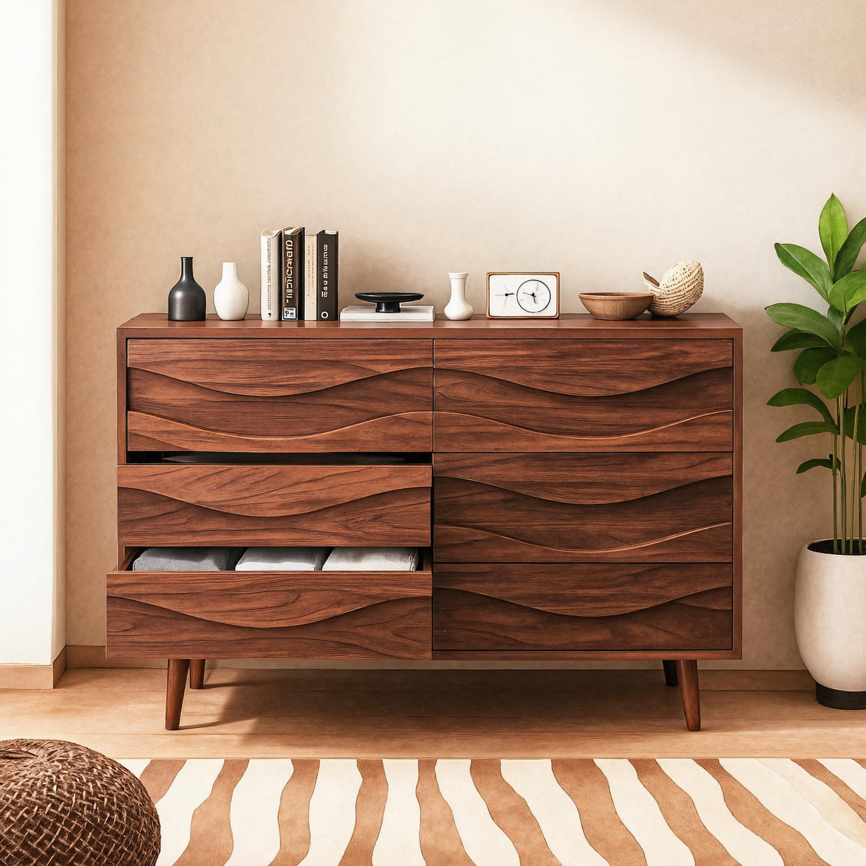 Modern Carved Wave Front Sideboard For Entryway Living Room