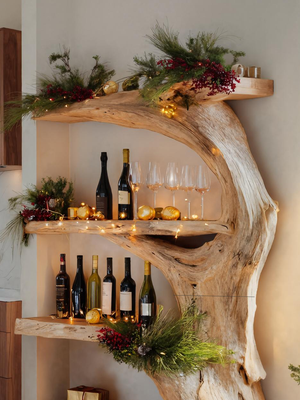 Christmas Rustic Live Edge Shelf For Holiday Decoration