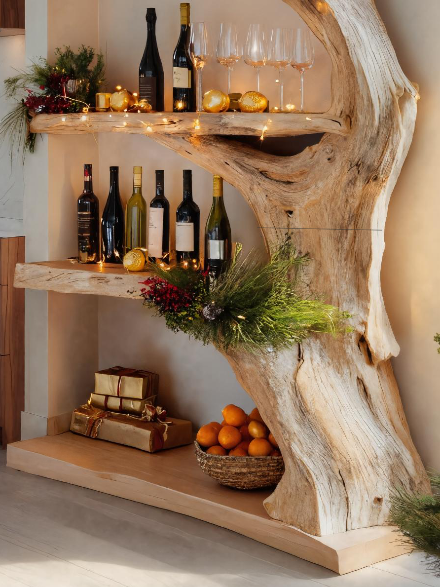 Christmas Rustic Live Edge Shelf For Holiday Decoration