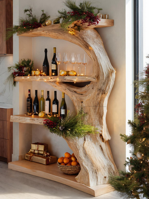 Christmas Rustic Live Edge Shelf For Holiday Decoration