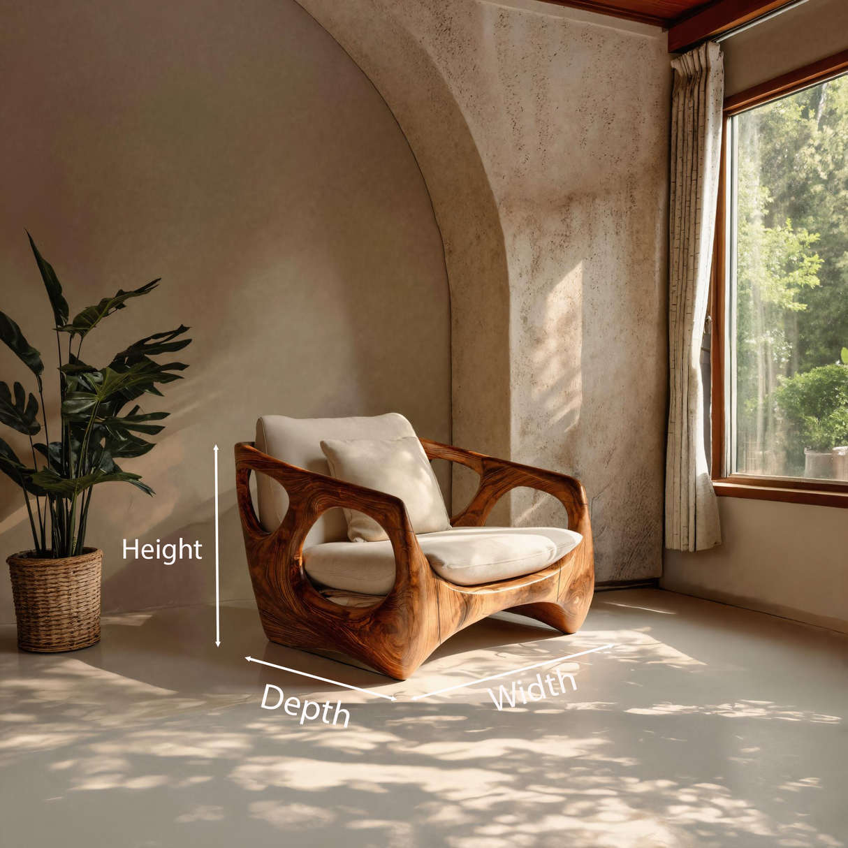 Organic Accent Chair With Carved Frame For Living Room