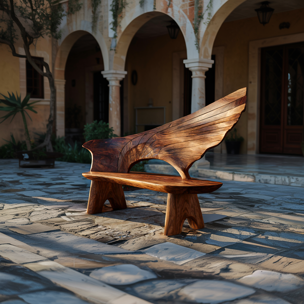 Outdoor Bench With Wing Inspired Carved Backrest For Garden