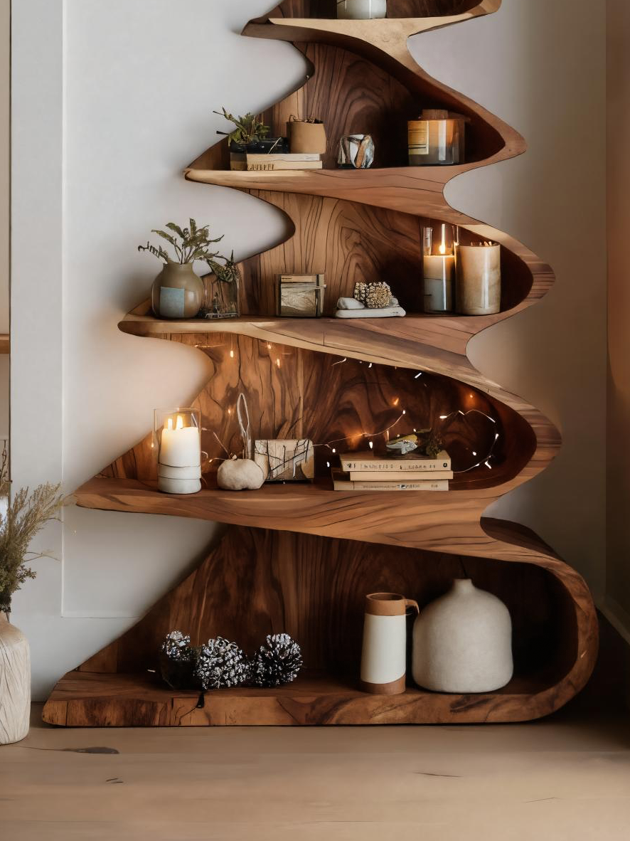 Rustic Handcrafted Christmas Tree Shelf For Holiday Display