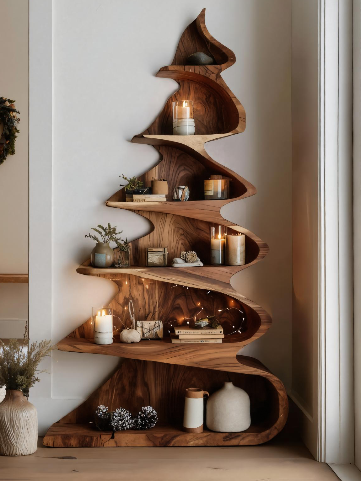 Rustic Handcrafted Christmas Tree Shelf For Holiday Display