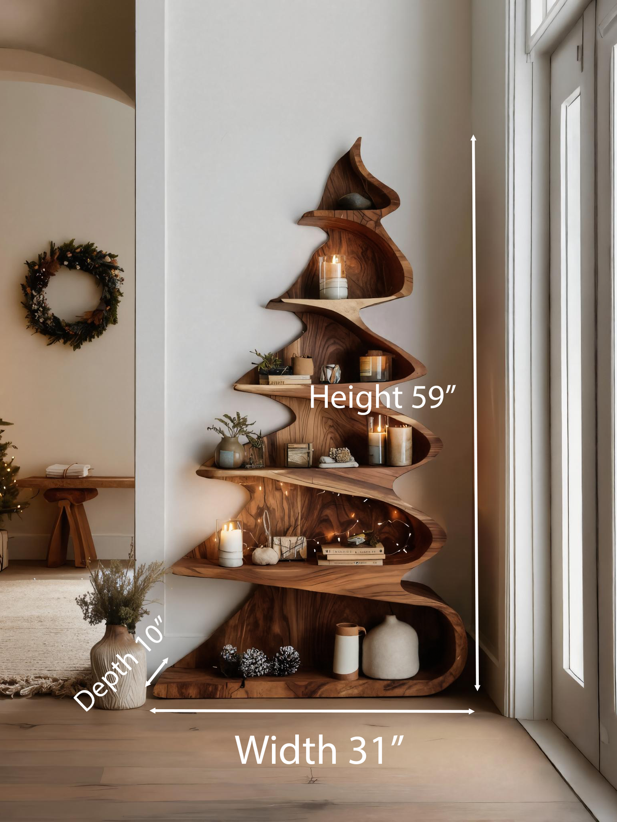 Rustic Handcrafted Christmas Tree Shelf For Holiday Display