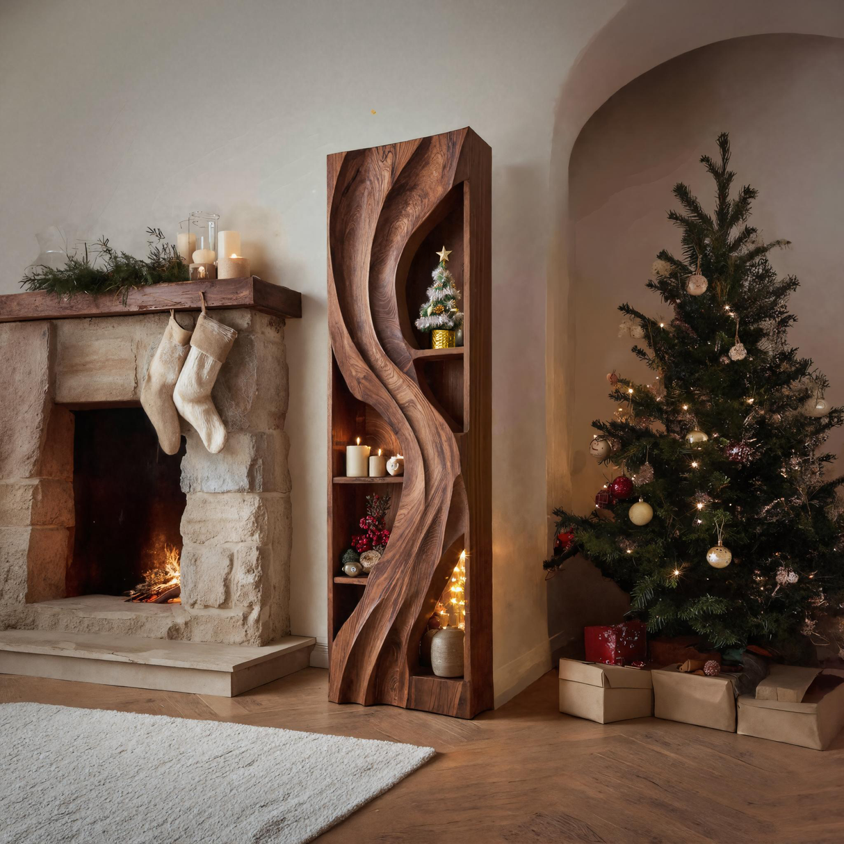 Handcrafted Standing Shelf With Sculpted Wave Design For Holiday