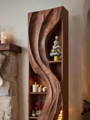 Handcrafted Standing Shelf With Sculpted Wave Design For Holiday