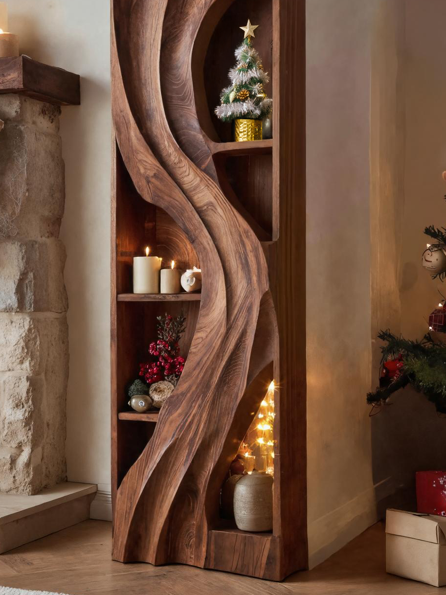 Handcrafted Standing Shelf With Sculpted Wave Design For Holiday