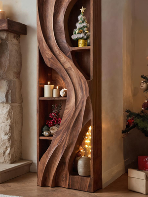 Handcrafted Standing Shelf With Sculpted Wave Design For Holiday