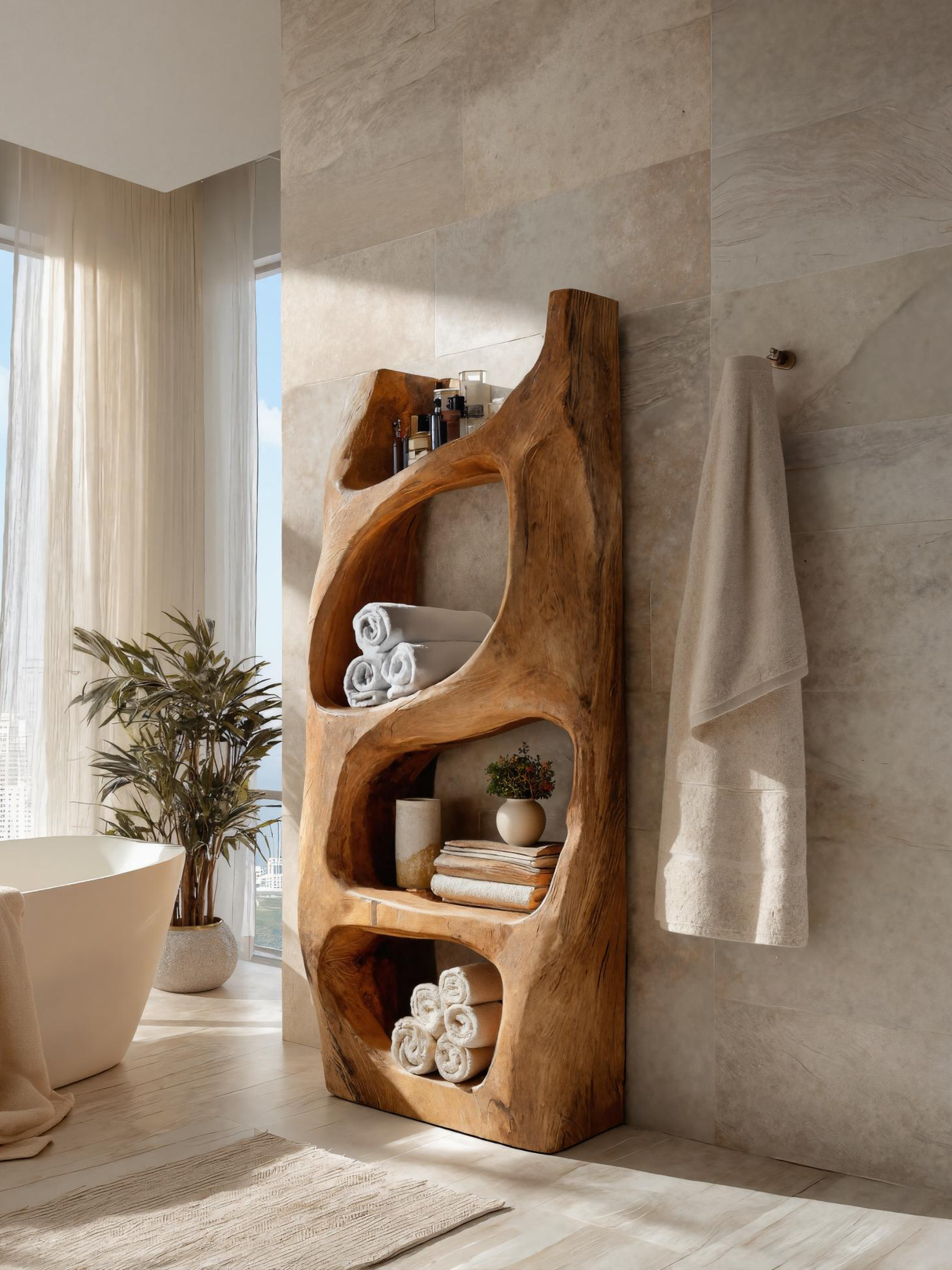 Handcrafted Sculptural Bathroom Shelf For Towels Or Spa Storage