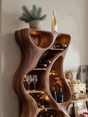 Modern Cabinet With Wave Carved Doors And Wine Storage For Kitchen