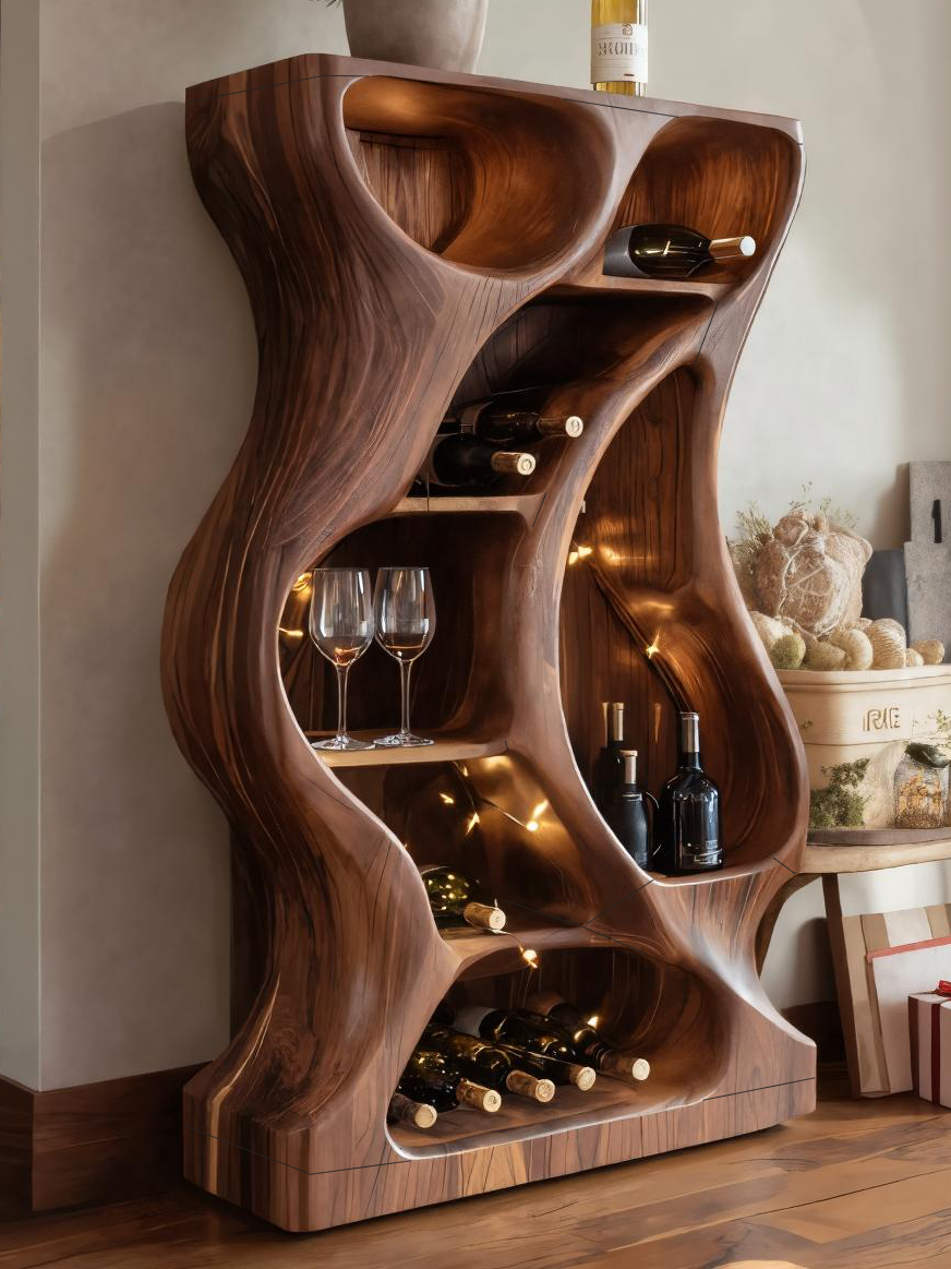 Modern Cabinet With Wave Carved Doors And Wine Storage For Kitchen
