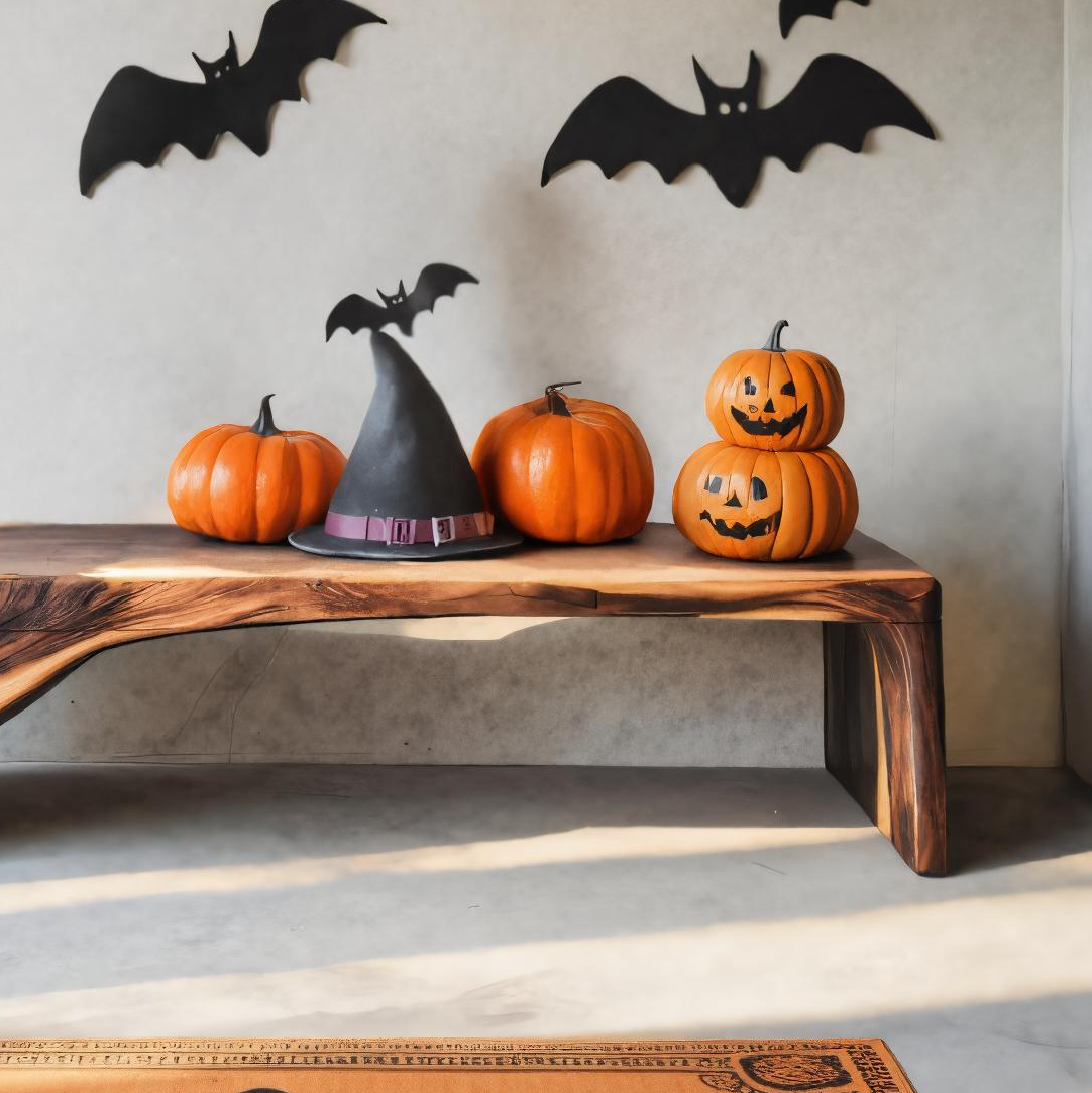 Halloween Live Edge Wooden Bench For Entryway Or Home Decor