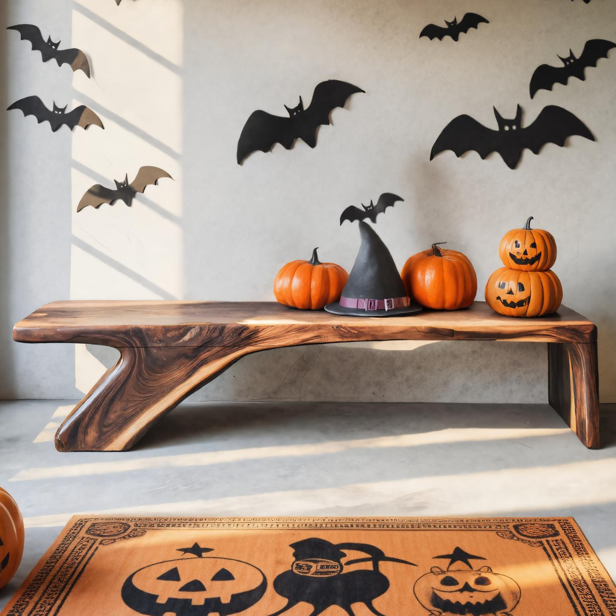 Halloween Live Edge Wooden Bench For Entryway Or Home Decor