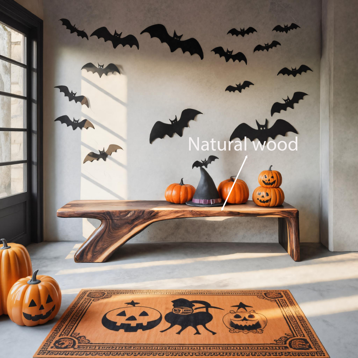 Halloween Live Edge Wooden Bench For Entryway Or Home Decor
