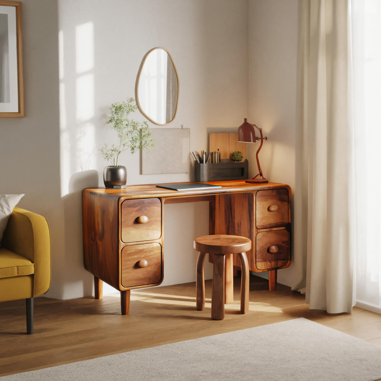 Modern Rounded Corner Desk With Drawers For Home Office Workspace