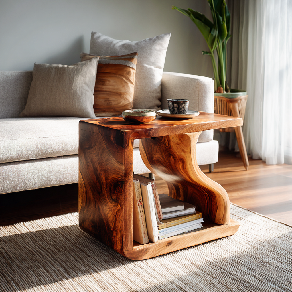 Modern Sculptural Wooden Side Table For Living Room Decor