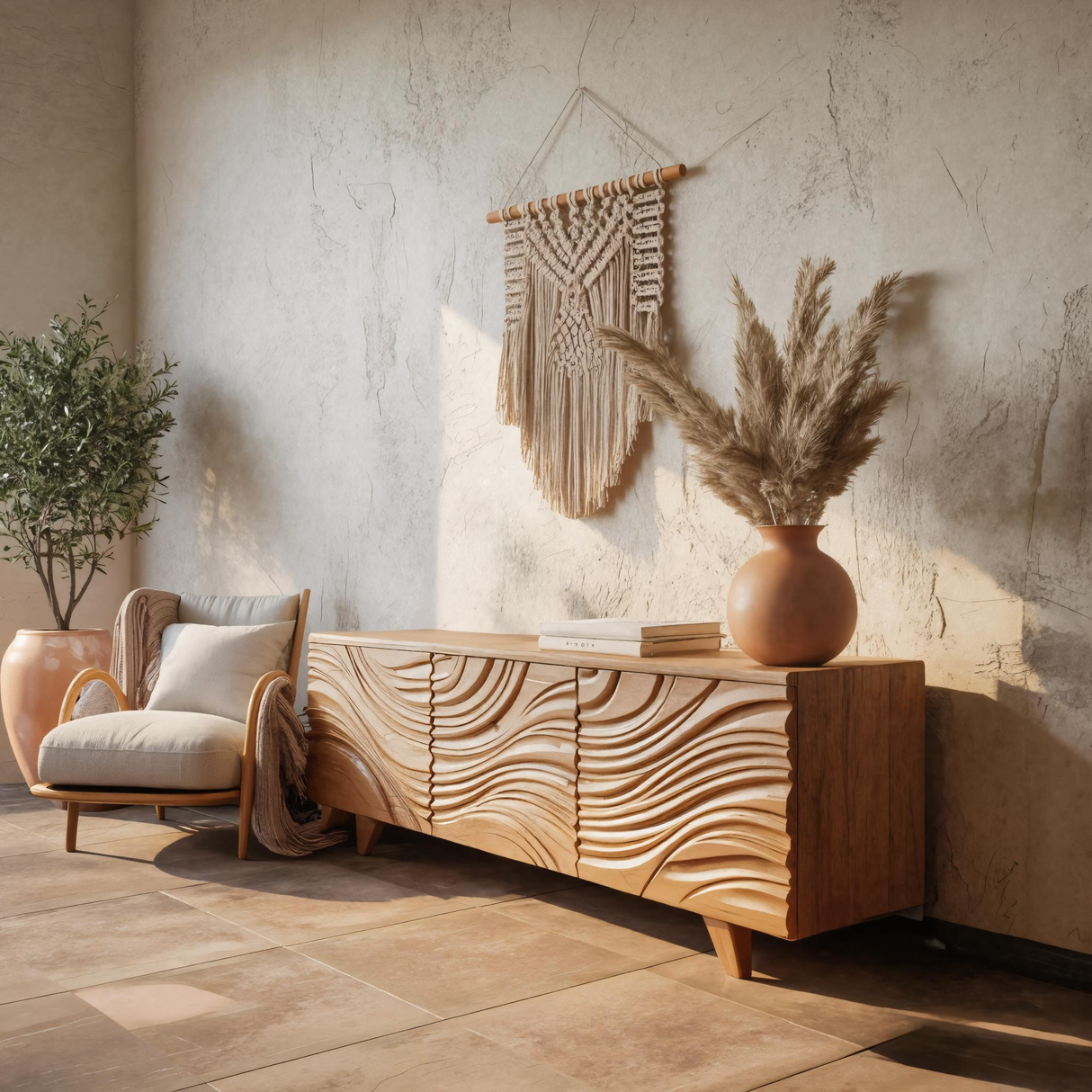 Modern Sideboard With Flowing Wave Carved For Living Room