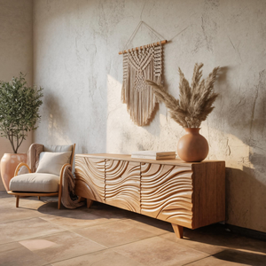 Modern Sideboard With Flowing Wave Carved For Living Room