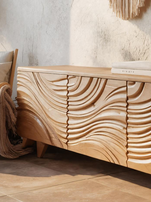 Modern Sideboard With Flowing Wave Carved For Living Room