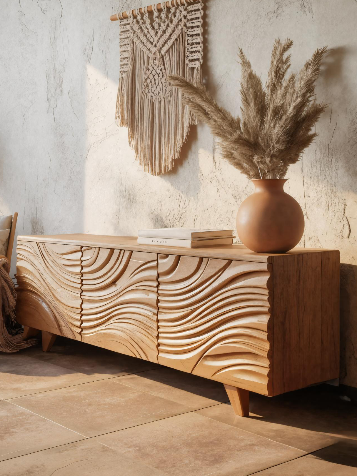 Modern Sideboard With Flowing Wave Carved For Living Room