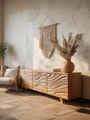 Modern Sideboard With Flowing Wave Carved For Living Room