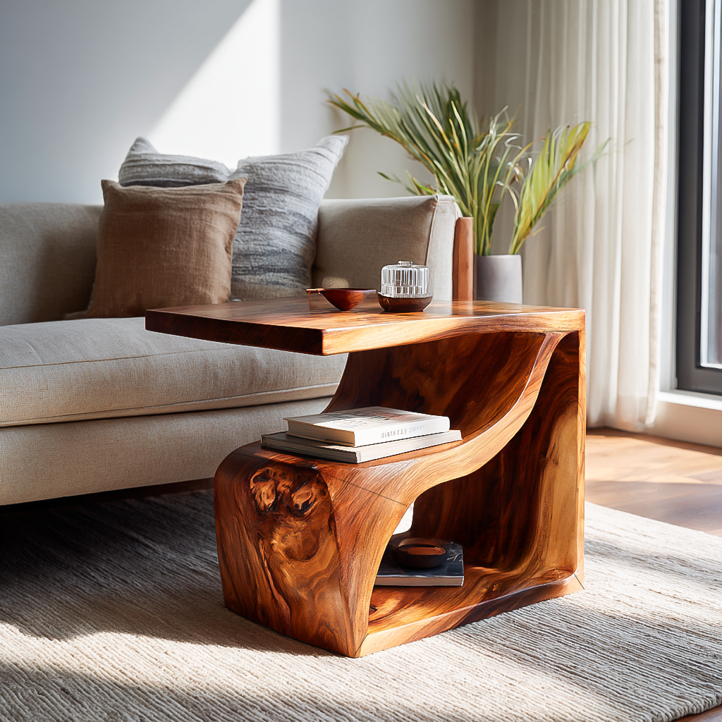 Contemporary Sculptural Wooden Side Table For Living Spaces