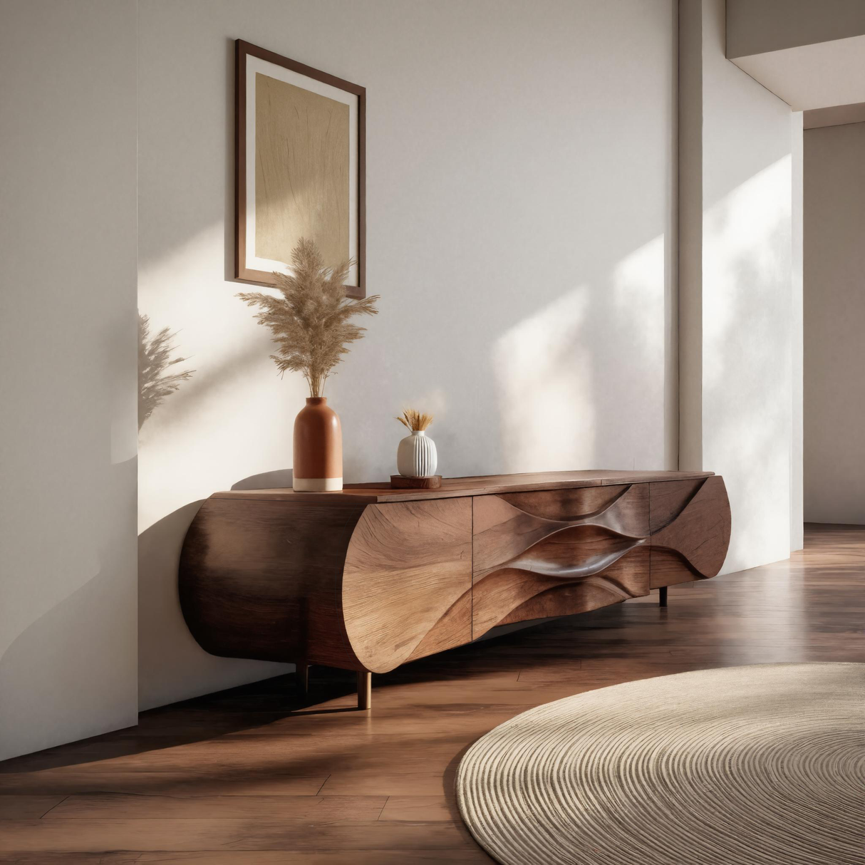 Modern Sideboard With Carved Wave For Living Room