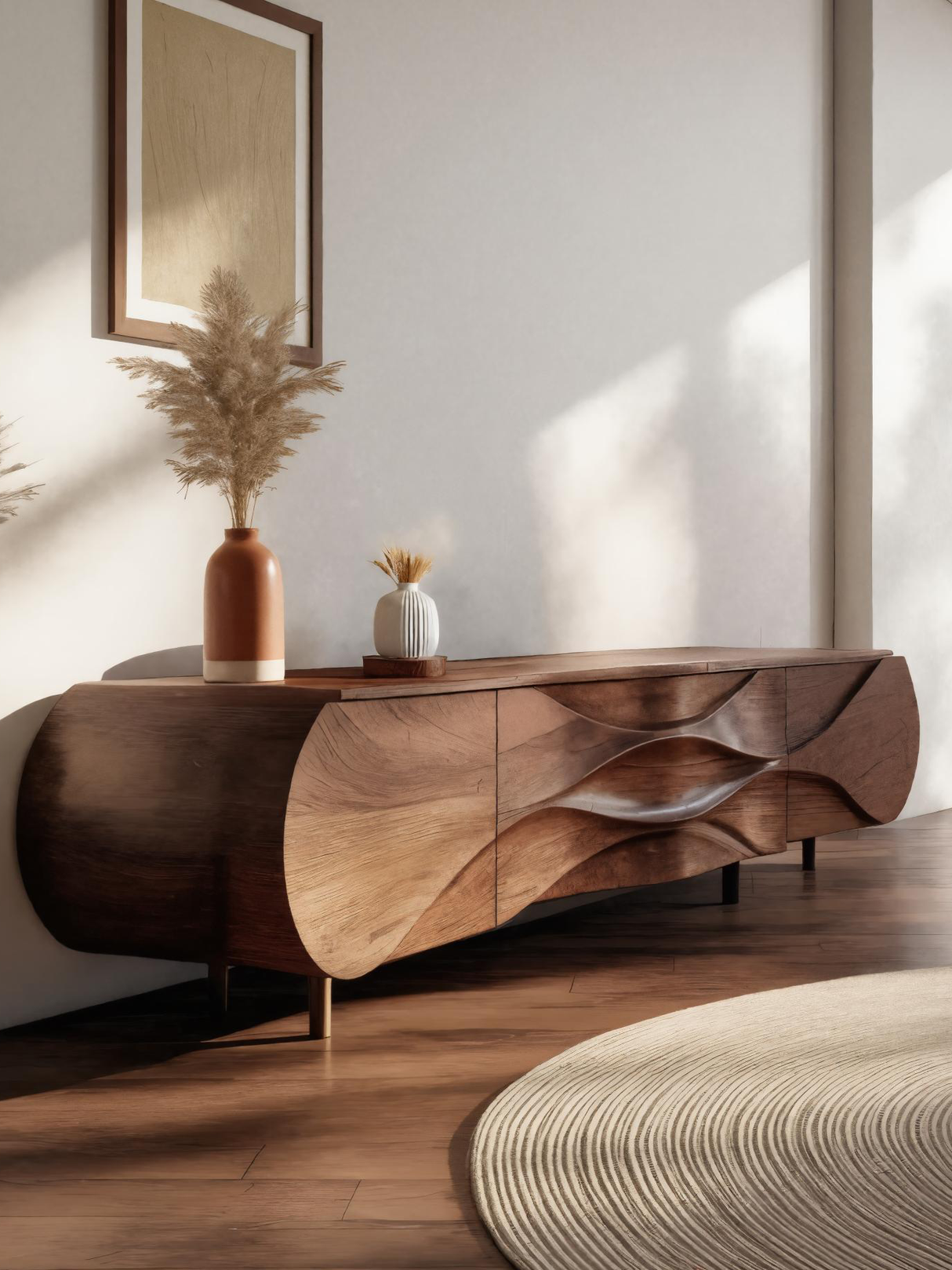Modern Sideboard With Carved Wave For Living Room