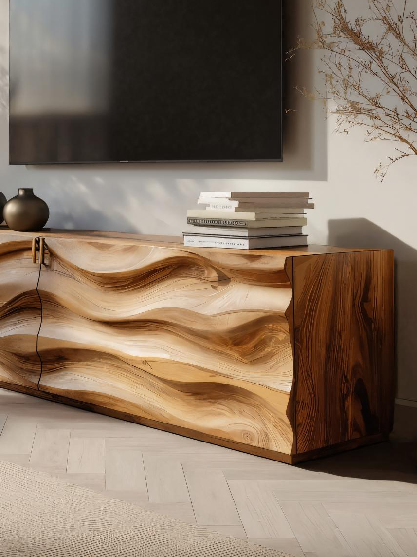 Handmade Carved Media Console With Wave Front For Living Room