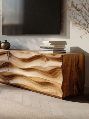 Handmade Carved Media Console With Wave Front For Living Room