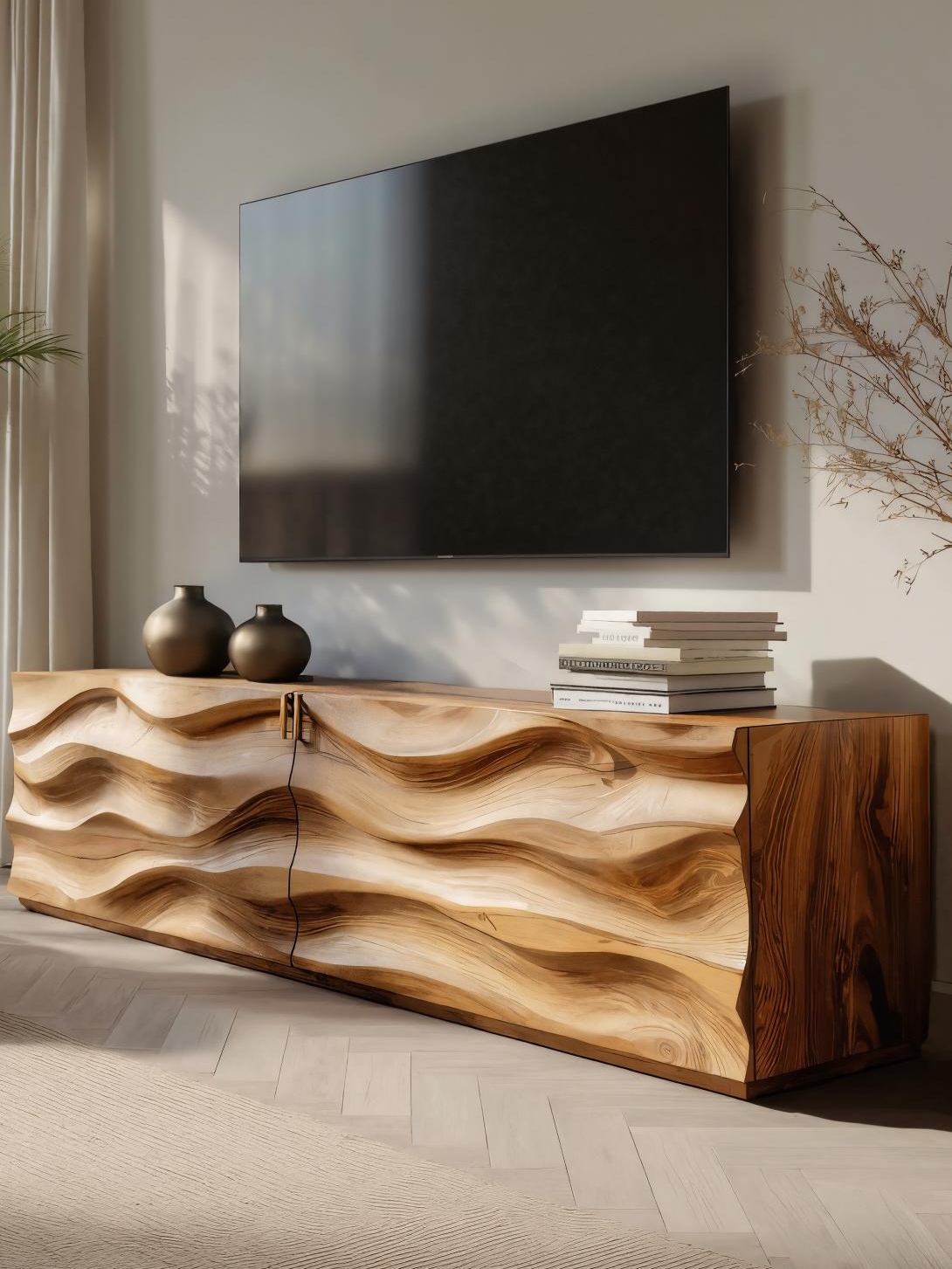 Handmade Carved Media Console With Wave Front For Living Room