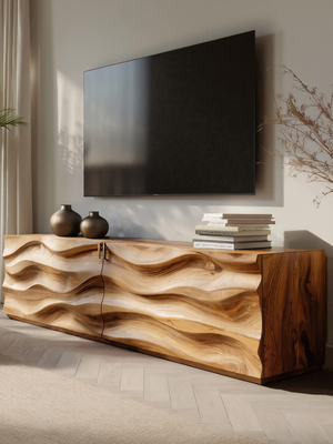 Handmade Carved Media Console With Wave Front For Living Room