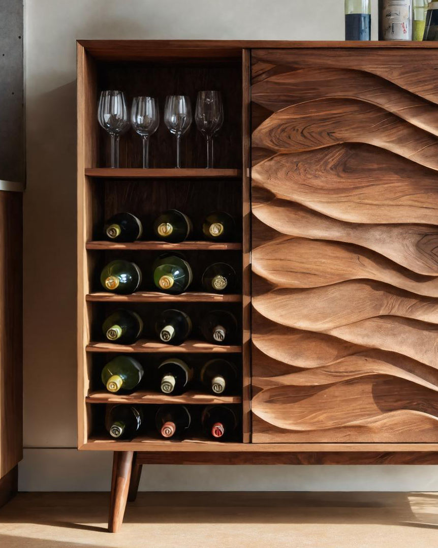 Sculptural Wine Cabinet With Wave Carved Doors For Kitchen