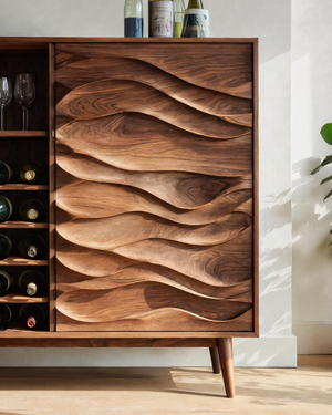 Sculptural Wine Cabinet With Wave Carved Doors For Kitchen