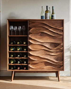 Sculptural Wine Cabinet With Wave Carved Doors For Kitchen
