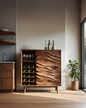 Sculptural Wine Cabinet With Wave Carved Doors For Kitchen