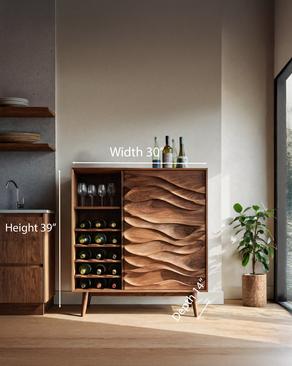 Sculptural Wine Cabinet With Wave Carved Doors For Kitchen