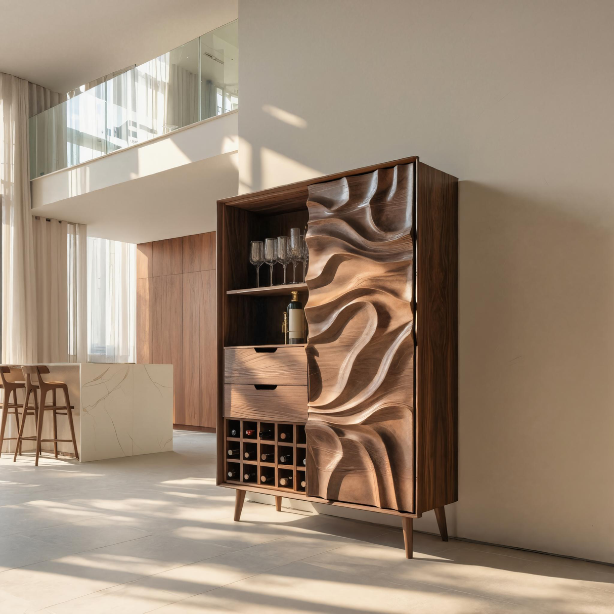 Sculptural Bar Cabinet With Wave Carved Doors For Kitchen