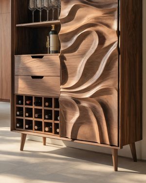 Sculptural Bar Cabinet With Wave Carved Doors For Kitchen