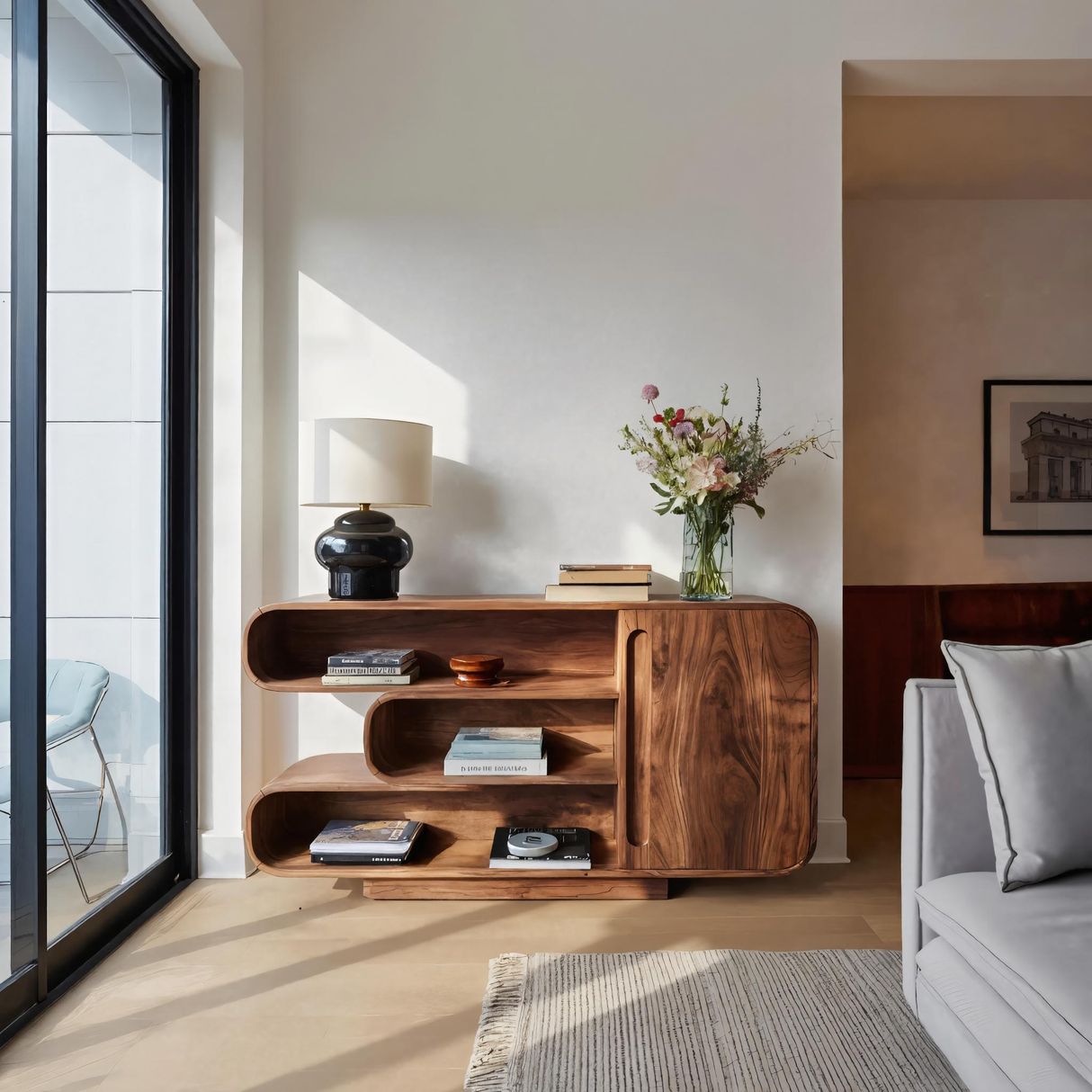 Modern Sideboard With Rounded Corners And Shelves For Living Room