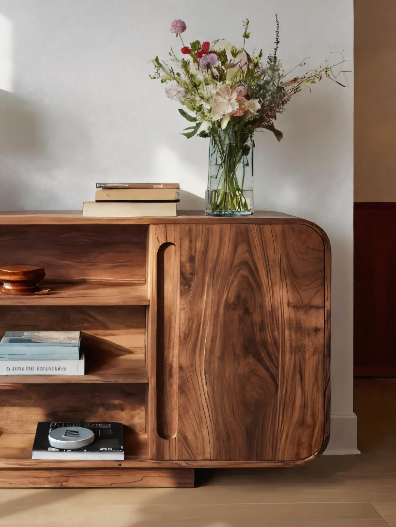 Modern Sideboard With Rounded Corners And Shelves For Living Room