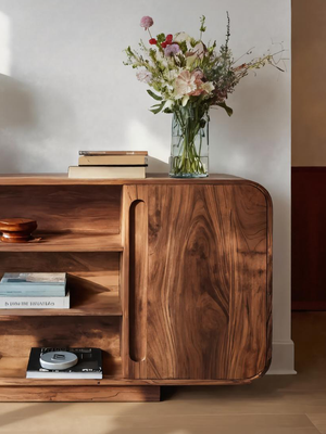 Modern Sideboard With Rounded Corners And Shelves For Living Room