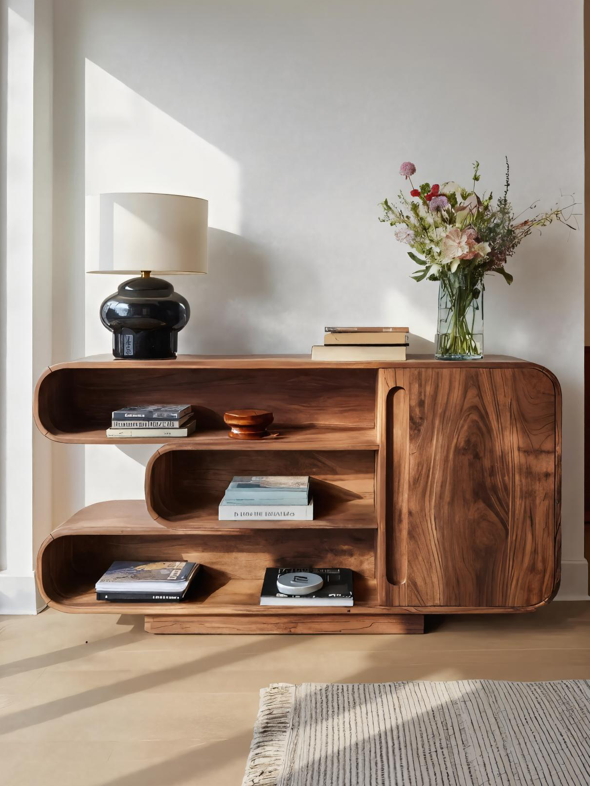 Modern Sideboard With Rounded Corners And Shelves For Living Room