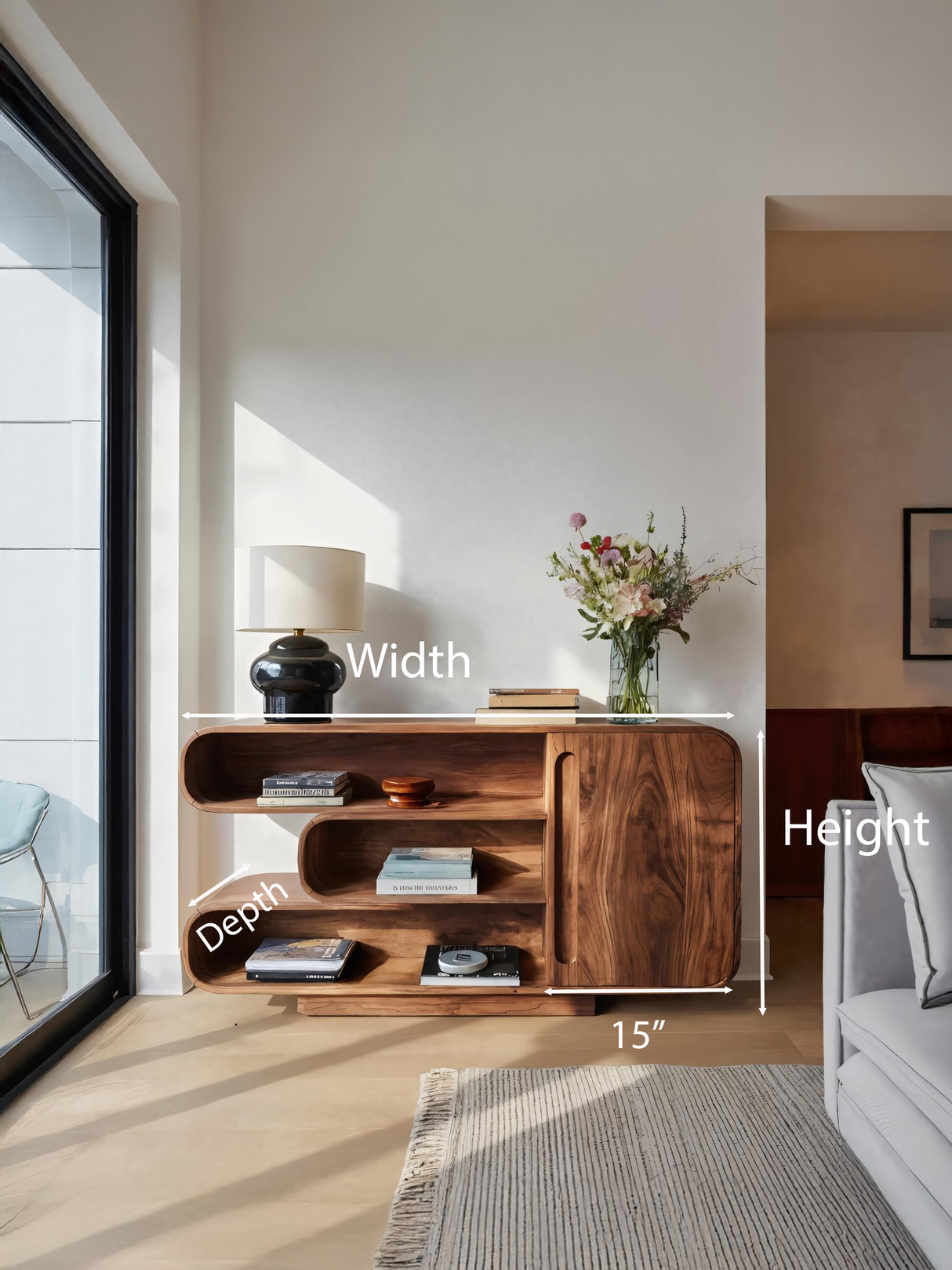 Modern Sideboard With Rounded Corners And Shelves For Living Room